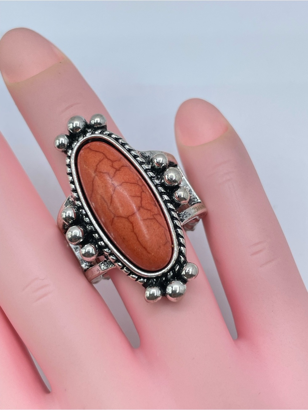 Silver Tone Brown Howlite Stretch Ring Southwestern Boho Chic